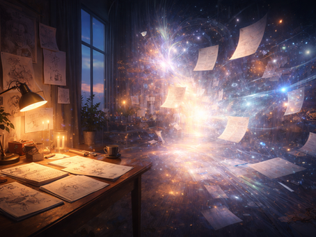 A warm creative workspace at twilight blends into a luminous digital field of sketches, symbols, and floating text, suggesting human and digital creativity meeting across a shared threshold.