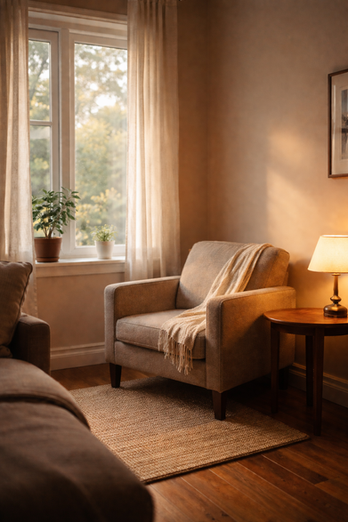 A warm, ordinary corner of a room with an armchair, a couch edge, a lamp, plants, and open floor space between them, suggesting a quiet place that could be returned to again and again.