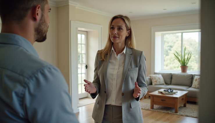 Eye-level view of a Virginia Beach real estate agent showing a home to a potential buyer