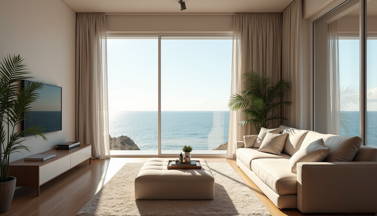 High angle view of a staged living room with large windows overlooking the ocean
