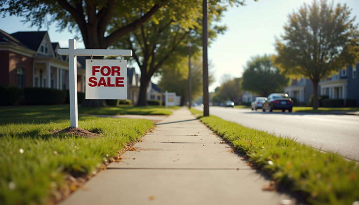 Eye-level view of a suburban street in Hampton Roads with homes for sale signs