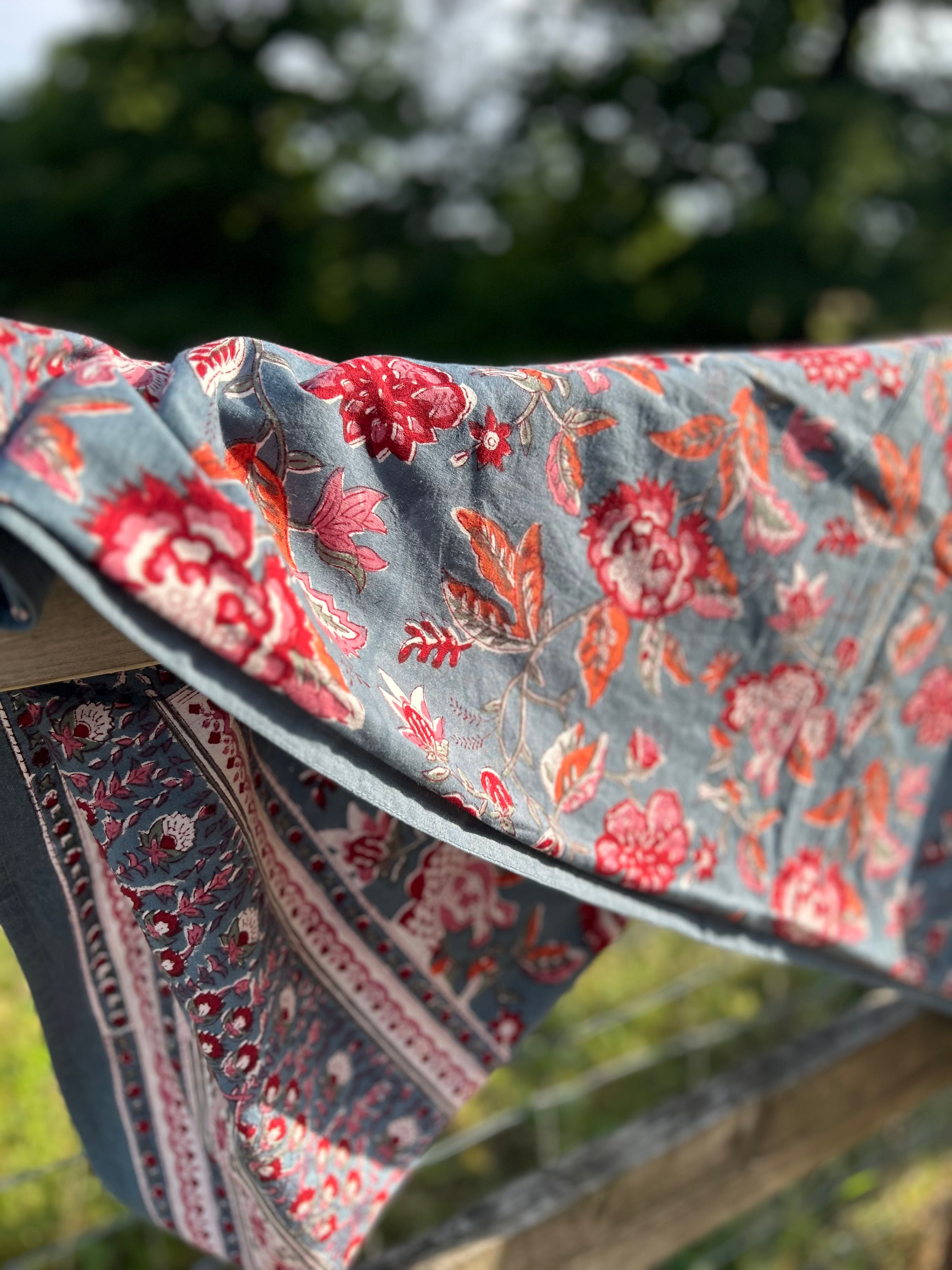 Tablecloth Indian pattern deep blue with burnt orange accent patterns