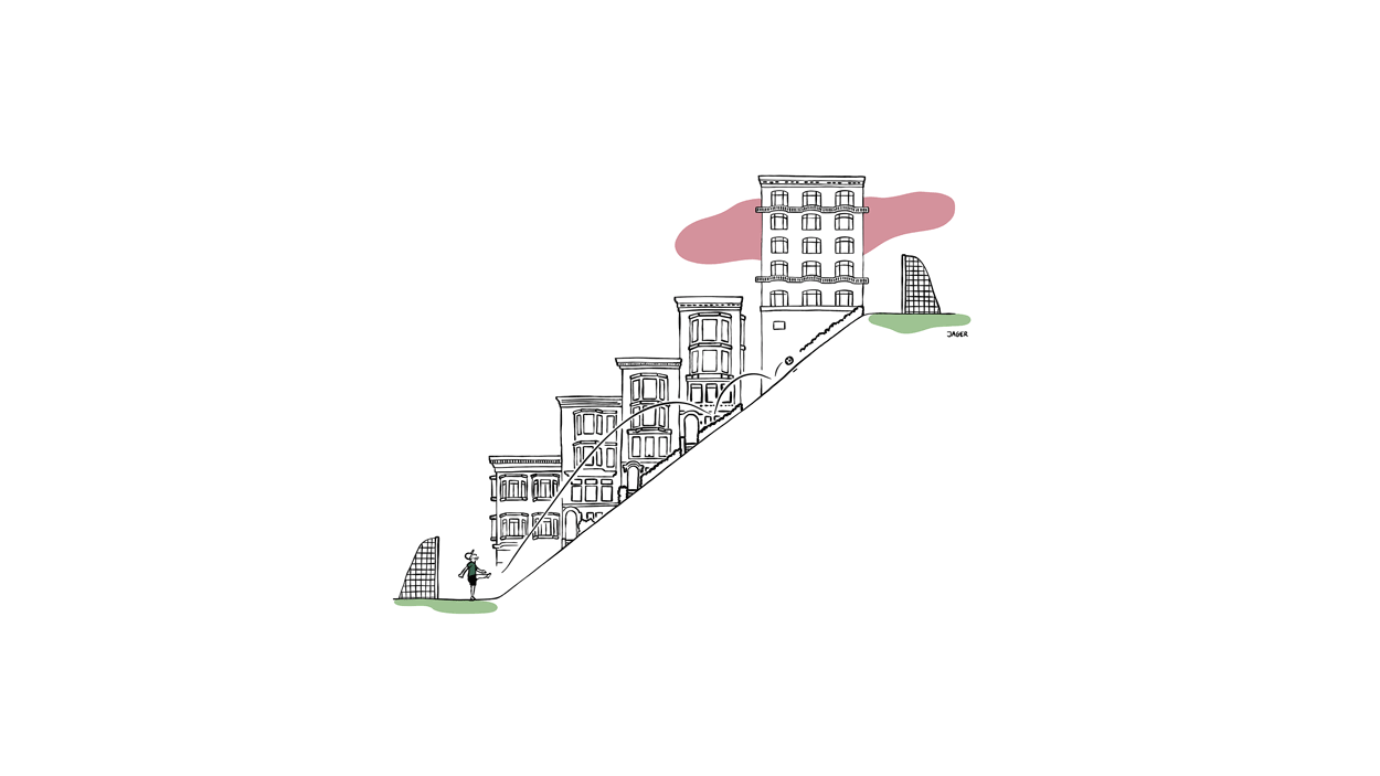 Soccer challenge in San Francisco, with one goal on top of the hill and the other down the hill. A soccer player tries to reach the top.