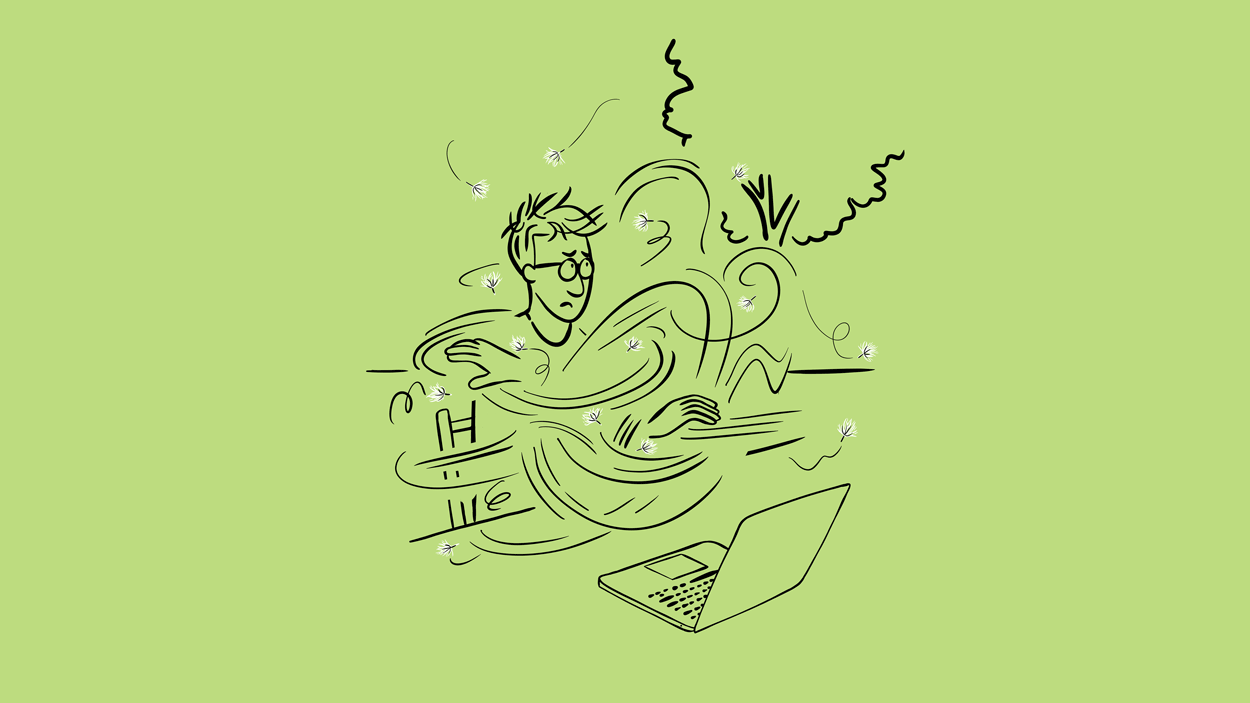 Person sitting outside and waving around at pollen flying around him.