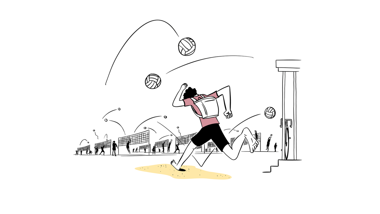 Man running to beach volleyball field avoiding getting hit by volleyballs