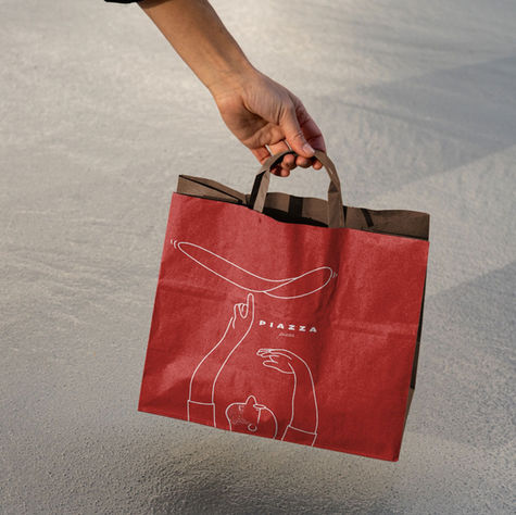 Red bag with pizzaiolo doing pizza acrobatics illustration for Helium Creative