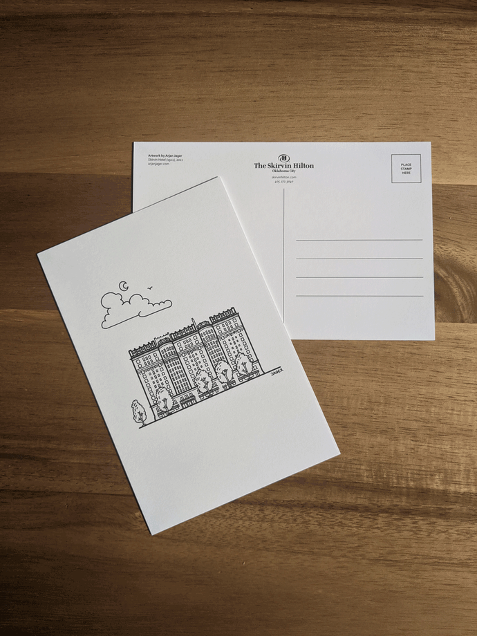 Skirvin Hilton Hotel illustration on postcard back and front side