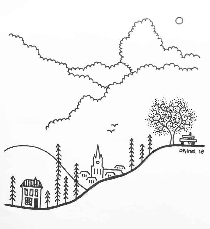 Person on bench looking at church and town of Neronde in France