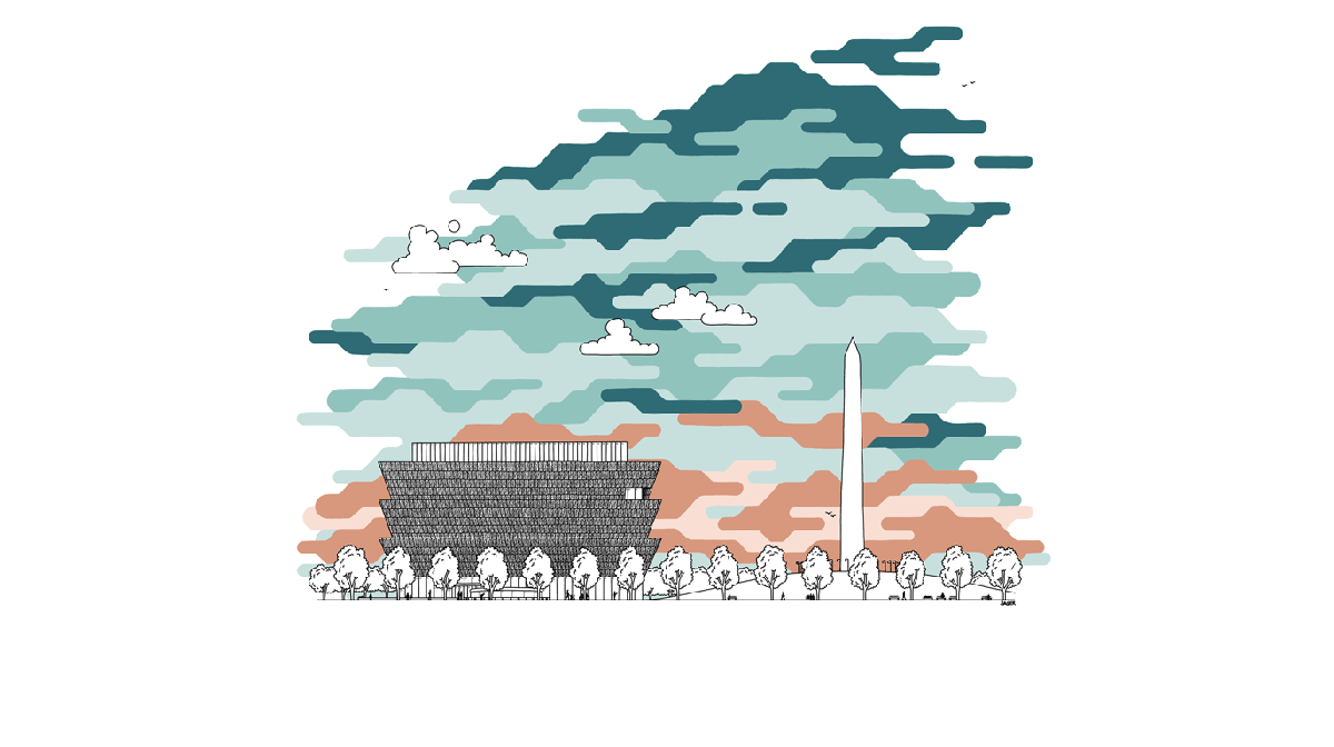 Washington Memorial and National Museum of African American History and Culture in DC with sunrise