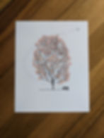 Red and yellow tree in fall with moon shining on man on bench art print