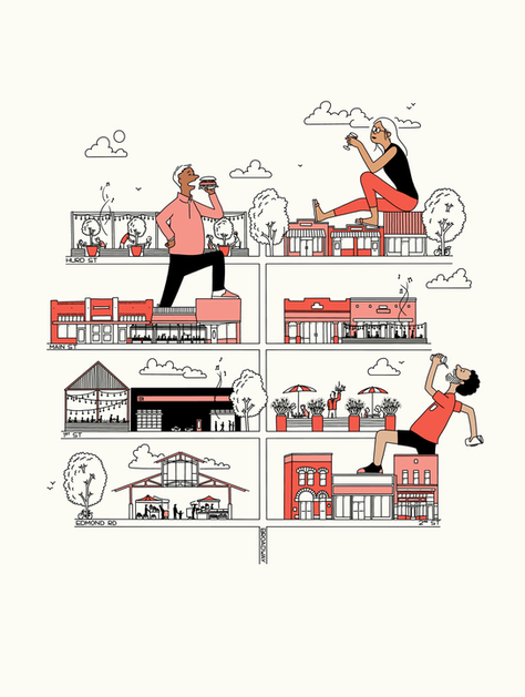 Downtown Edmond buildings with people eating and drinking