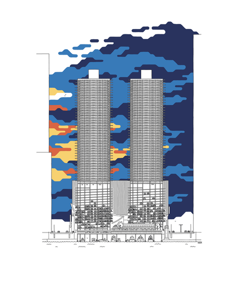 black and white Marina City illustration with blue, yellow, and orange sky