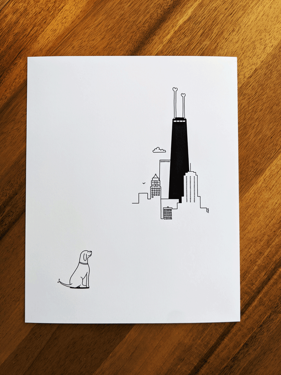 Dog looking at Hancock Tower in Chicago art print