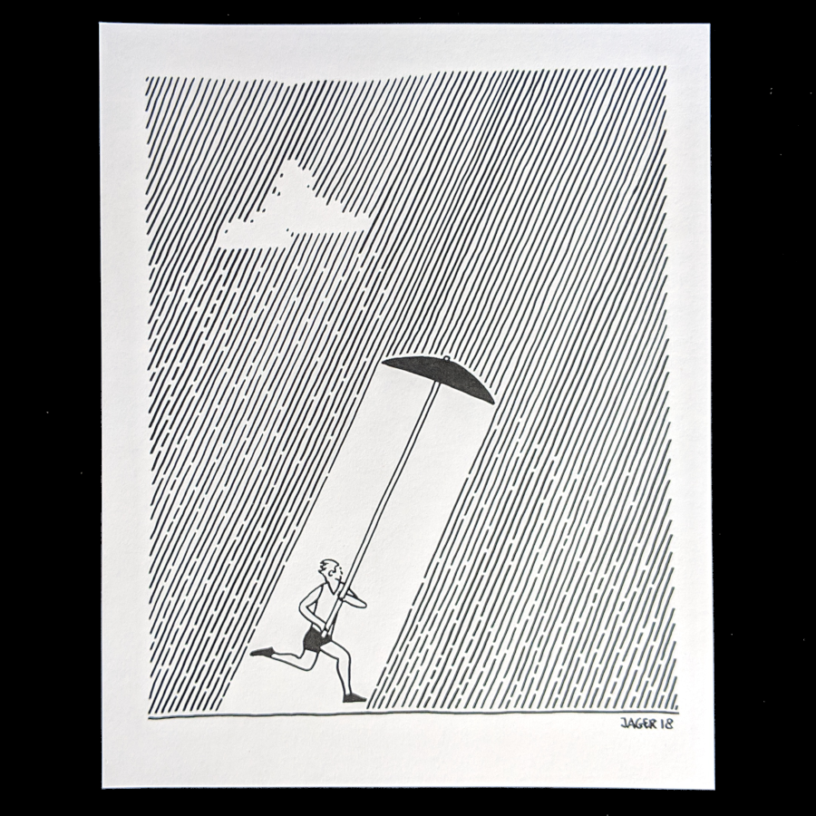 abstract art pole vaulter in rain with umbrella art print