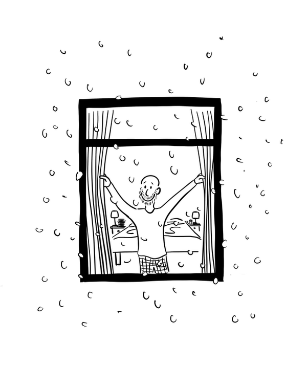 Man wakes up, opens the curtains and sees snow falling