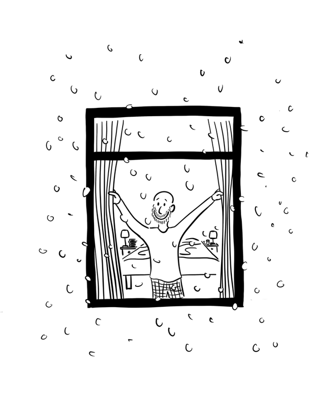 Smiling man opening curtains when it snows.