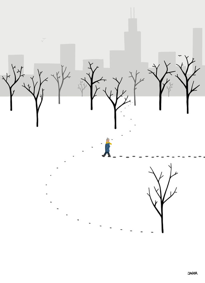 Person walking through snow in Chicago and a tree does too