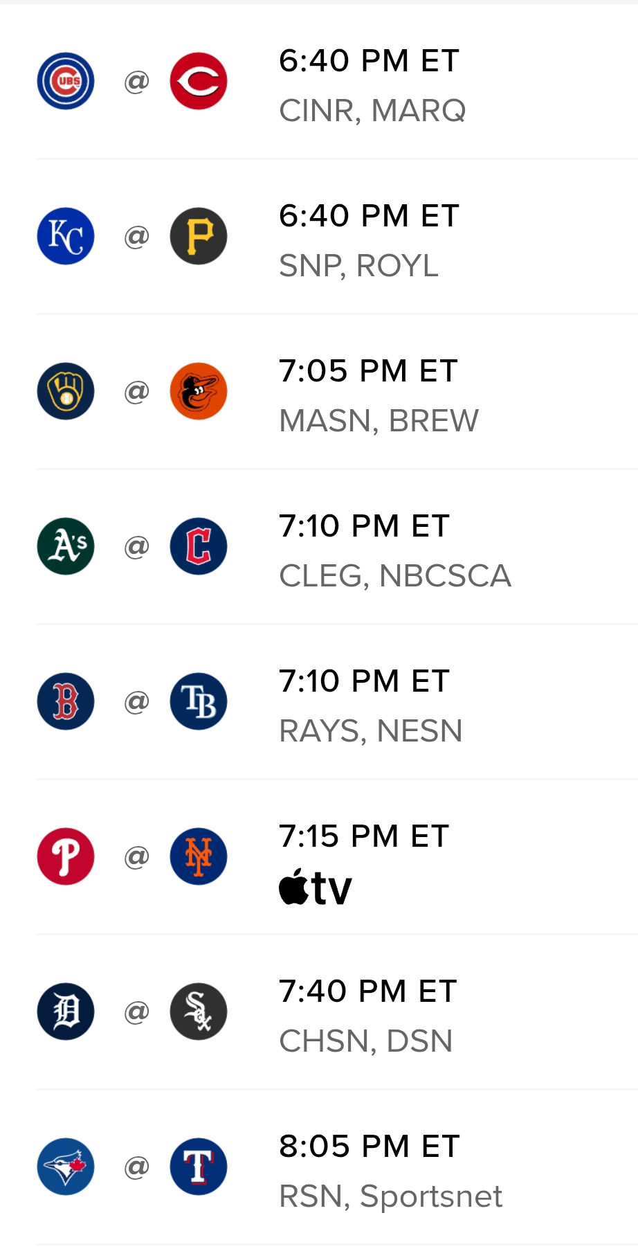 MLB game schedule with team logos, times, and TV channels.
