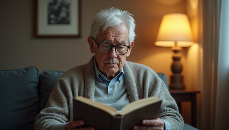 Vista frontal de un adulto mayor leyendo con gafas en ambiente bien iluminado