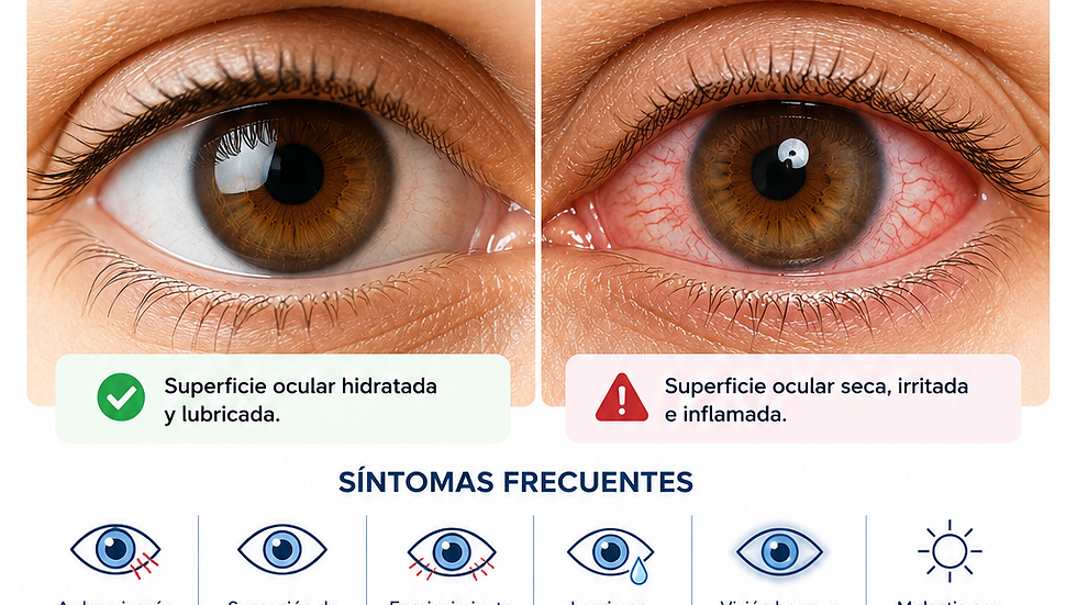 Vista frontal de un frasco de lágrimas artificiales sobre una mesa