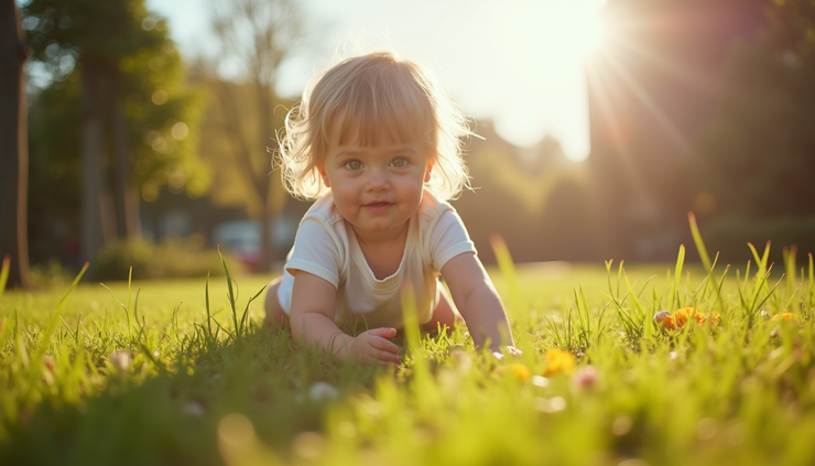 Vista a nivel de ojo de un niño jugando al aire libre bajo luz natural