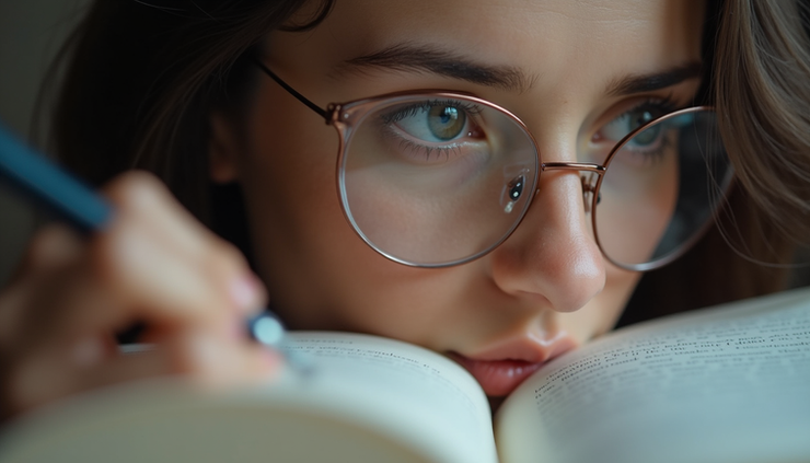 Vista cercana de un ojo con miopía enfocando un libro