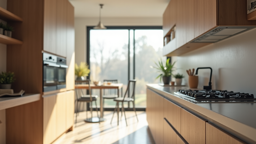 Eye-level view of a modern kitchen with sleek cabinetry and natural light