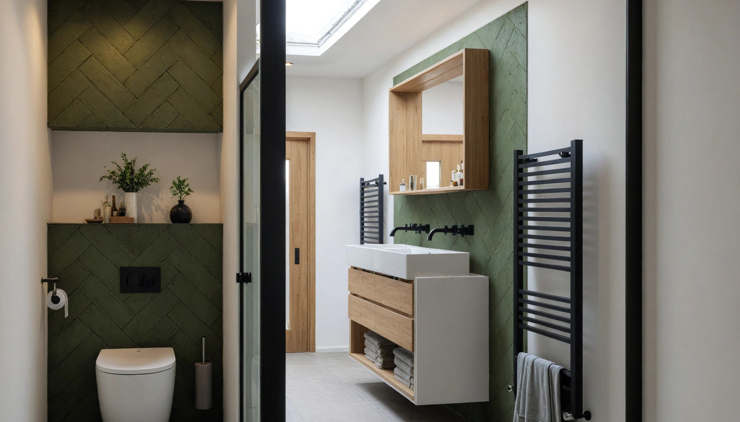 scandinavian feel bathroom with herringbone glazzed green tiles