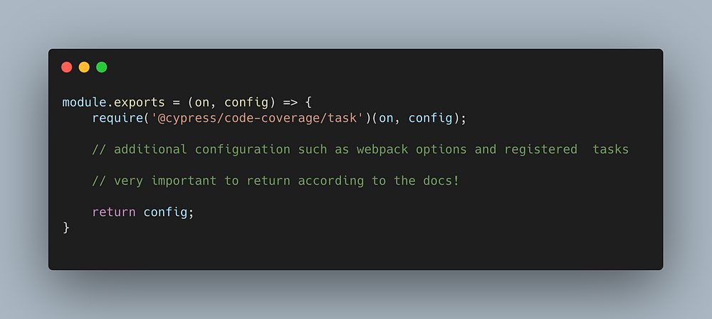Code configuration needed to add to plugins/index.js file to load the code coverage task in Cypress.