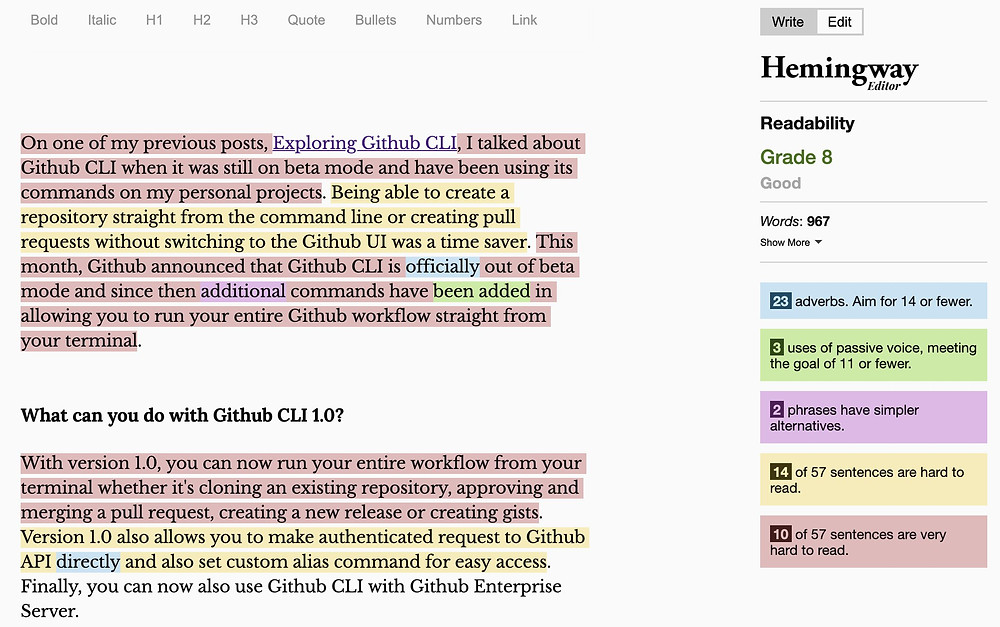 Hemingway displaying results on an example web content.