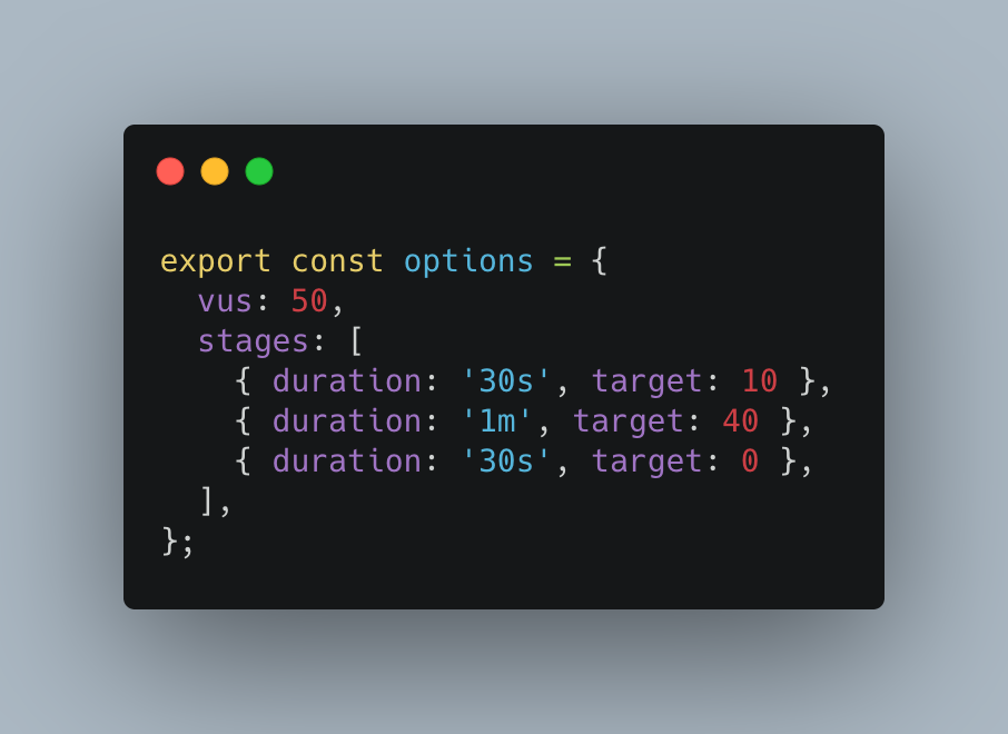 Image showing custom options to simulate ramp up and ramp down time in k6.