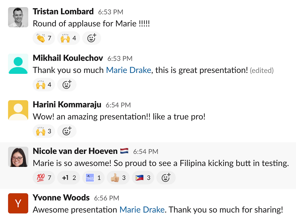 Positive comments from different attendees during Marie's automation guild session.