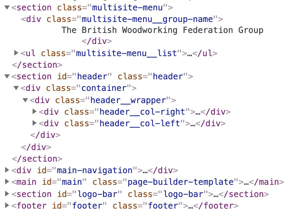 HTML structure of British Woodworking Federation website