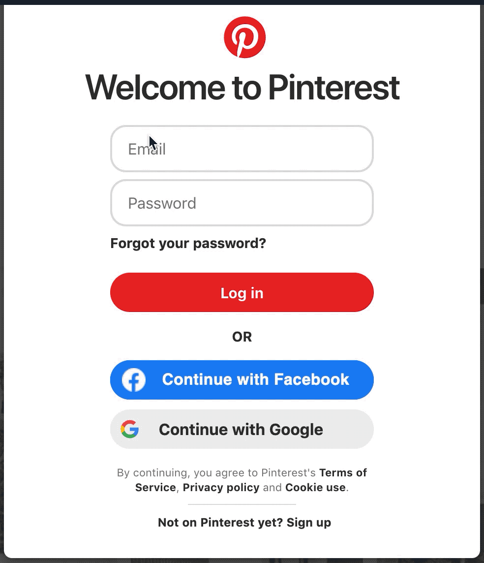 Lack of focus indicator on the Pinterest login feature.