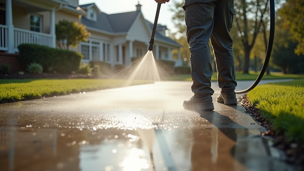 Eye-level view of a pressure washing service in action on a driveway