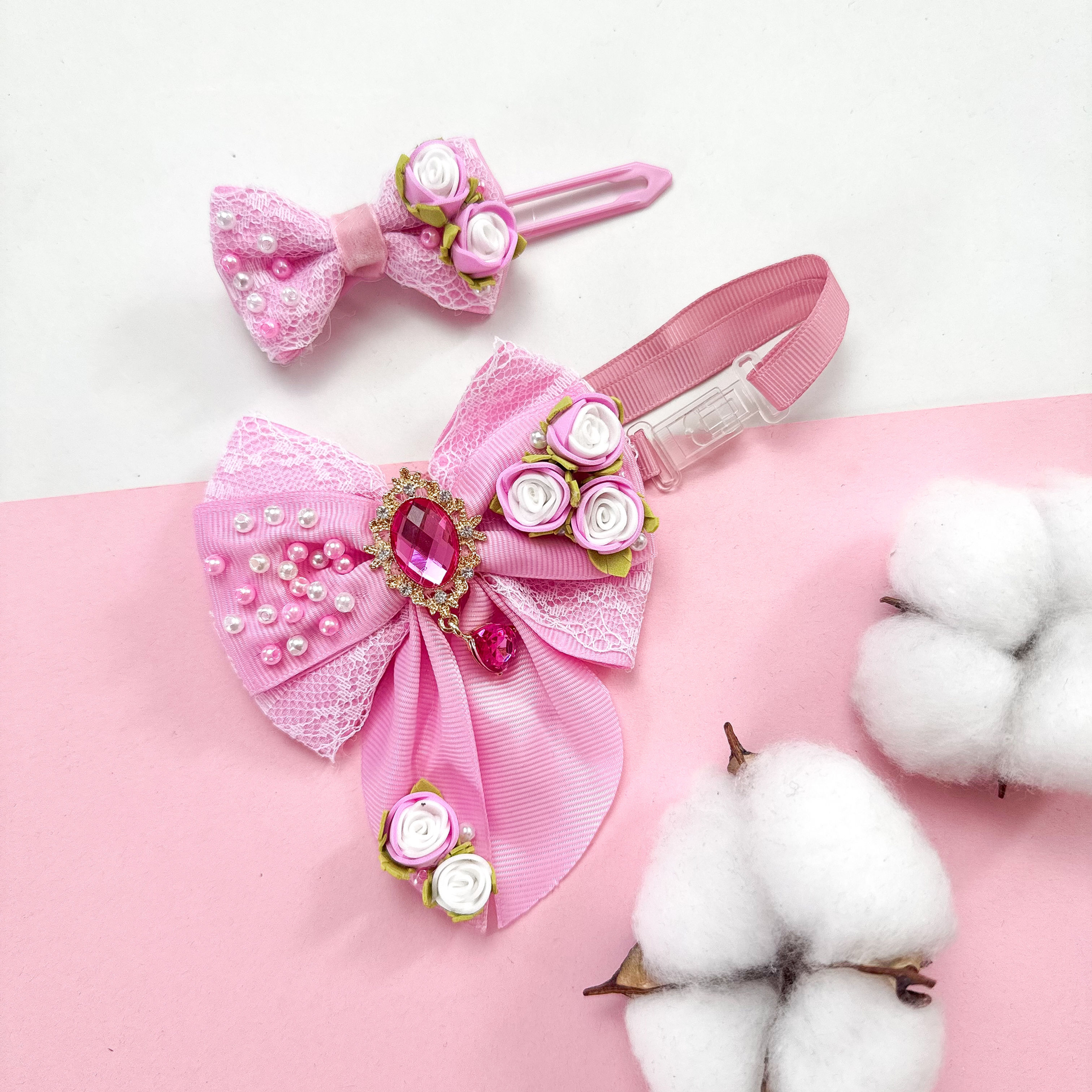 Set Hunde Halsschmuck + Haarspange rosa