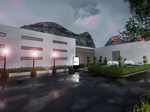 Pharmaproduktionsgebäude in Vietnam, abendliche Ansicht bei regennassem Boden, 3D-Rendering