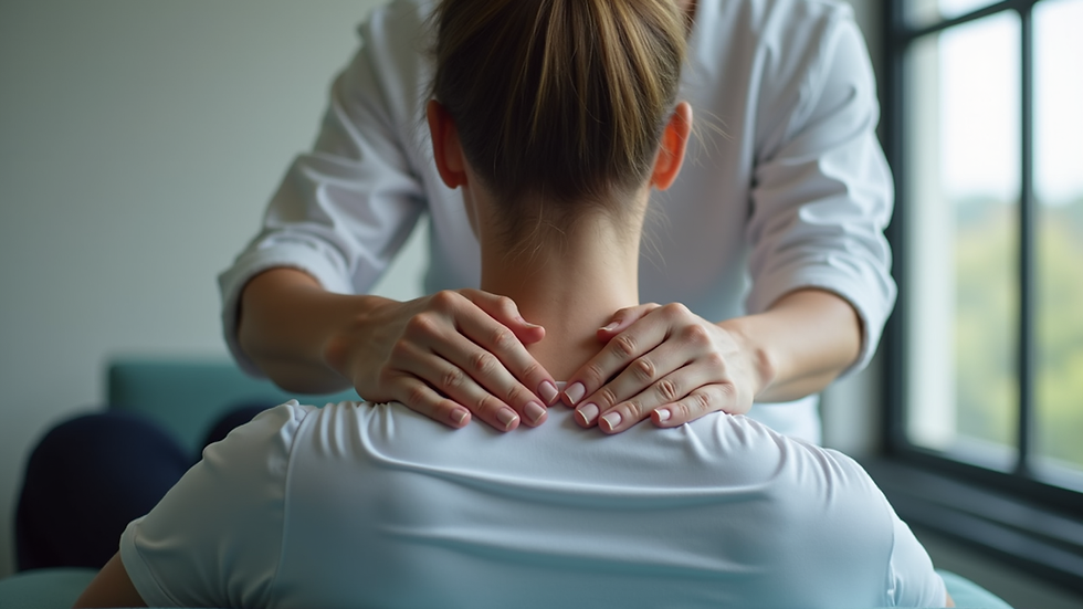 Close-up view of a therapist demonstrating spinal extension exercise to a patient