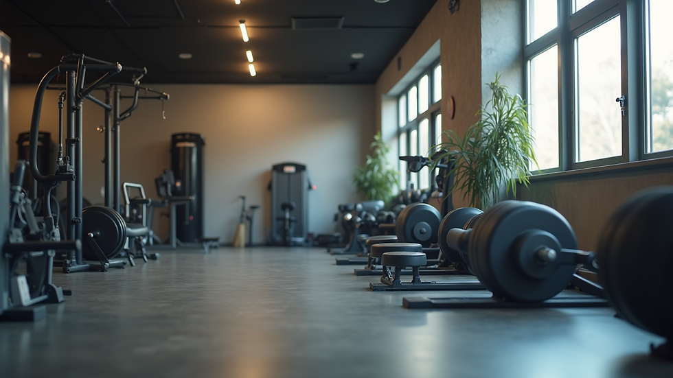Wide angle view of a gym with exercise equipment for back strengthening