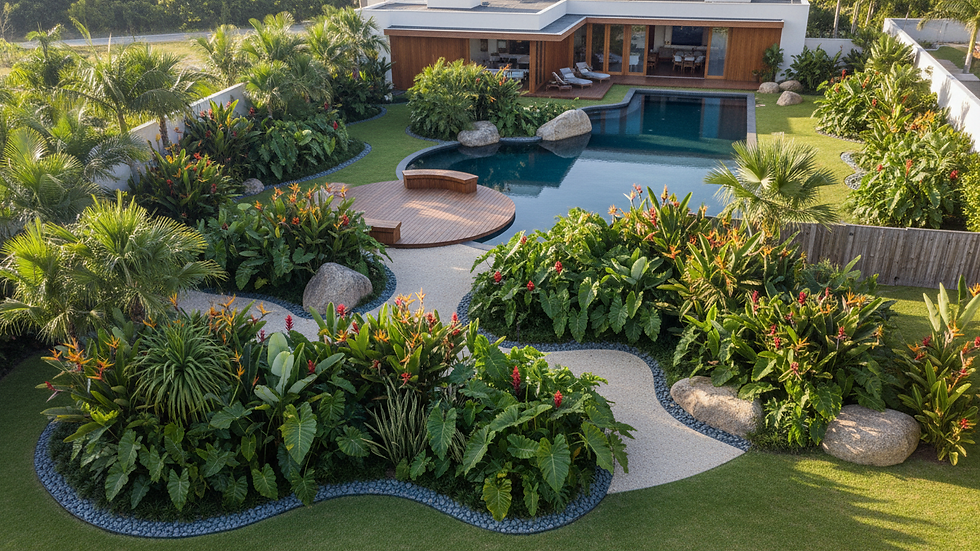 Vista aérea de jardim residencial com design moderno e plantas nativas