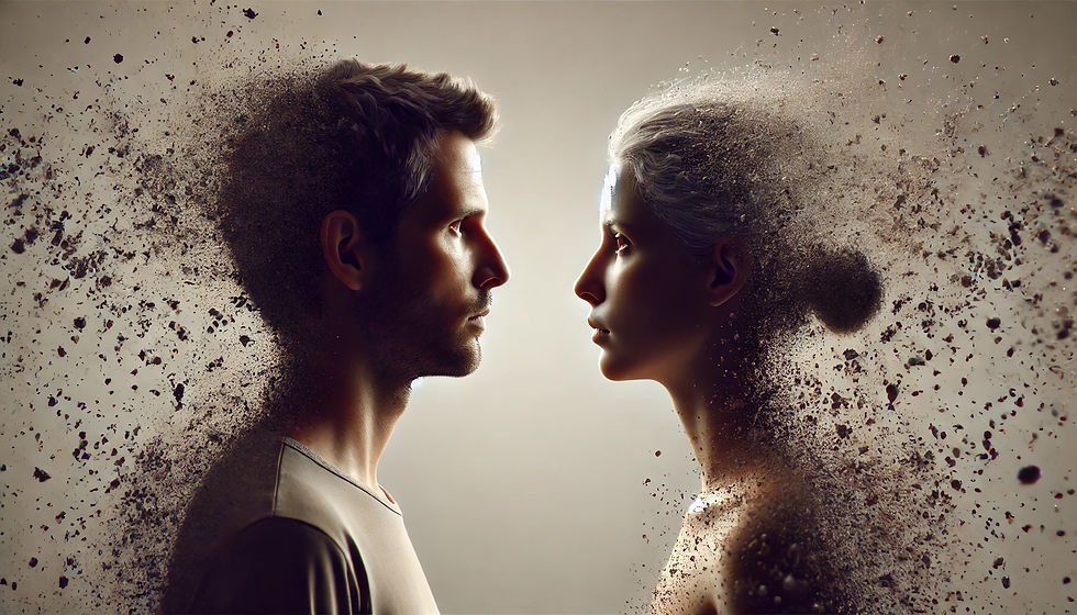 A man and a woman looking at each other their sides breaking out into fine particles. Image generated by DALL-E