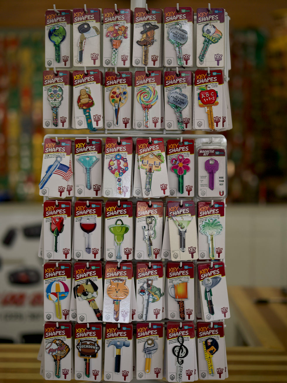 Creatively shaped and colored fun keys for sale at Alford Safe & Lock in Baton Rouge