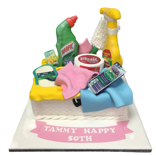 Bespoke celebration cake in Solihull, West Midlands featuring edible cleaning product bottles and spray designs.