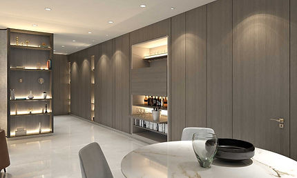 This refined space features a neutral base with elegant matte veneer paneling.