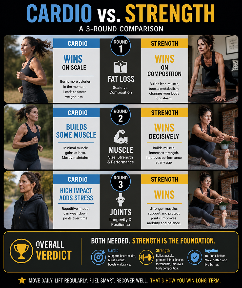 Head-to-head comparison of cardio vs strength training after 40 across fat loss, muscle building, and joint protection"