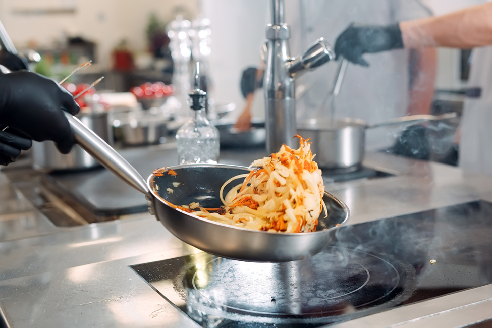 Electric cooking of pasta in a corporate cafeteria kitchen