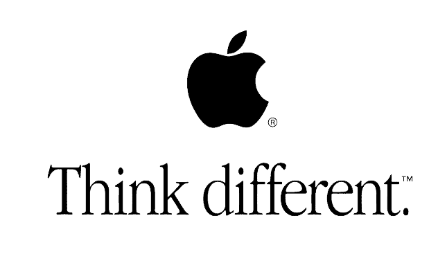 Apple logo above the text "Think different" in black on a white background. Simple and minimalist design.