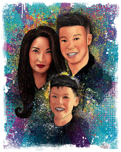 Colorful artistic portrait of three smiling people.