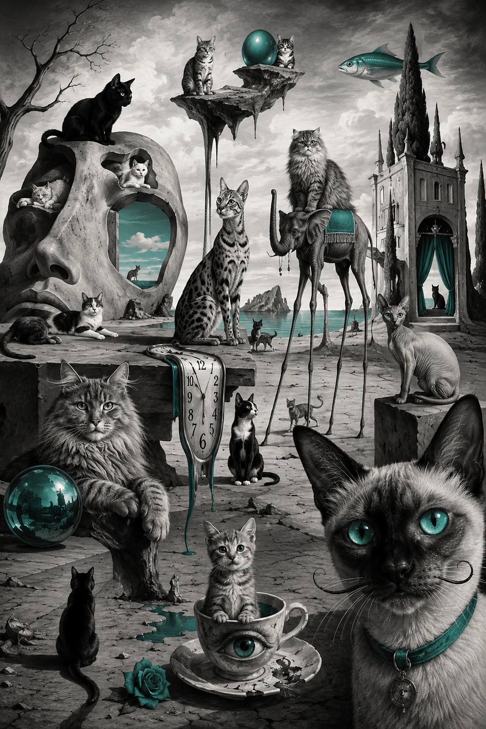 DigitalArtDownloadsDali-CatsTEAL-20x30