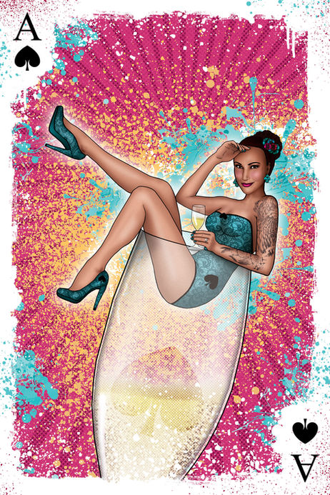 Pin-up style woman in a champagne glass illustration.